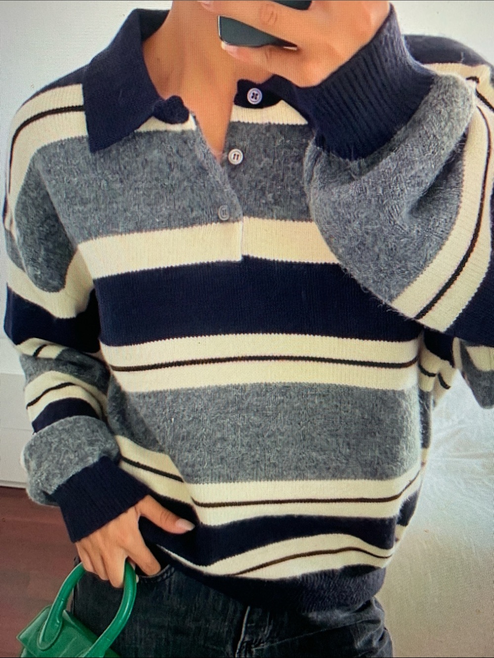 Striped Rugby Collar Sweater - Navy, Gray & Cream